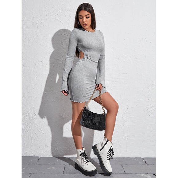 Grey Rib-Knit Cut Out Bell Sleeve Mini Dress - Picture 10 of 16